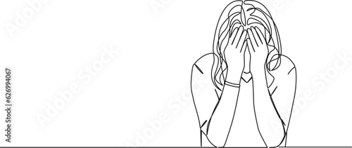 continuous single line drawing of crying woman covering face with hands, line art vector illustration