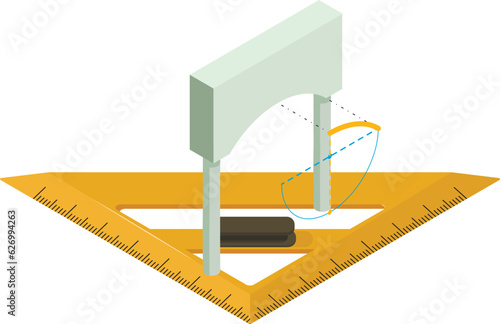Arch project icon isometric vector. Volumetric arch project and triangle ruler. Designing, reconstruction, engineering