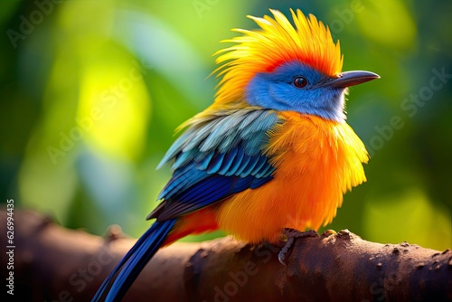 Colorful yellow bird sitting on branch.Generative AI © Skye Designs