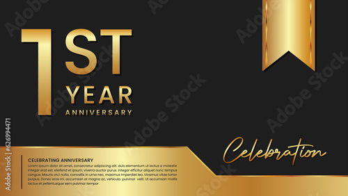 1st anniversary template design in gold color isolated on a black and gold background, vector template