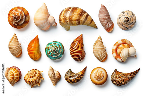 Set of various mollusk shells isolated on white background.Generative Ai.