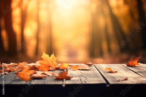 Empty wooden table top  product display  showcase stage on autumn forest background. Generative AI. 