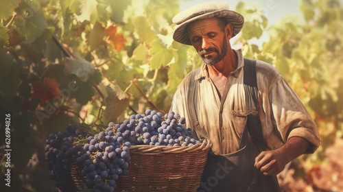 Man in traditional clothing, working to pick grapes