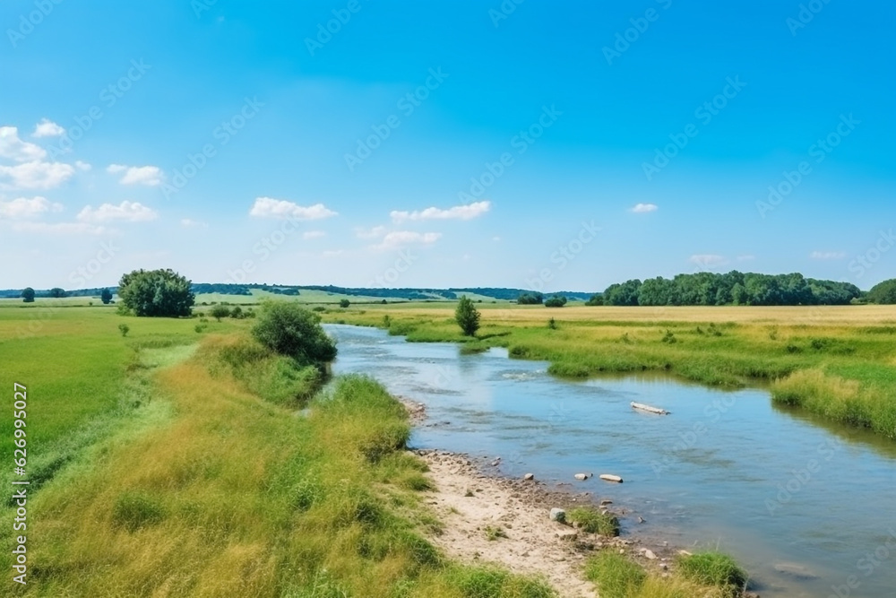 River with field on blue sky background.Generative Ai.