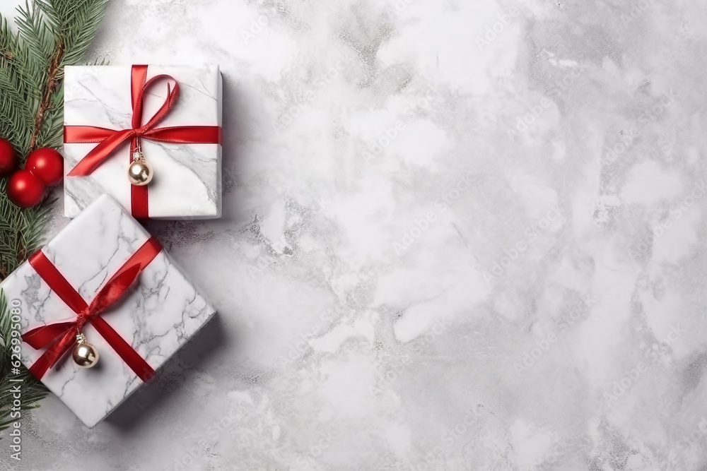 Christmas gift and tree branches, red decorations on white background.Generative Ai. Christmas gift and tree branches, red decorations on white background.Generative Ai.