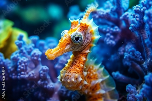 Seahorses on coral reefs in the sea.Generative Ai.