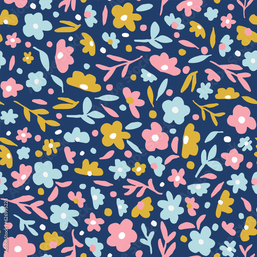 Cute flowers with leaves and dots seamless repeat pattern. Random placed, vector botanical all over surface print on dark blue background.