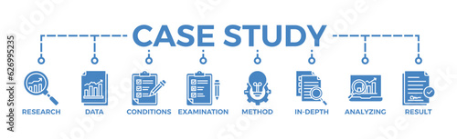 Case study banner web icon vector illustration concept with icon of research, data, conditions, examination, method, in-depth, analyzing, and result