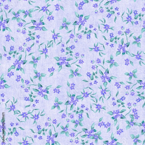 Watercolor flowers pattern, purple tropical elements, green leaves, purple background, seamless © Leticia Back