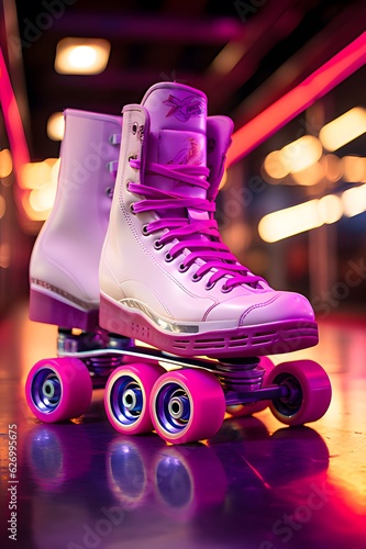 Pink and white color retro roller skates under neon light on the street.  
