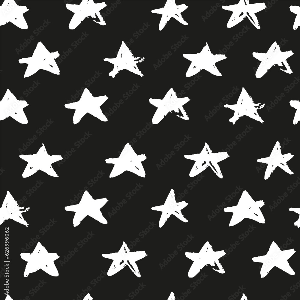 Monochrome grunge stars seamless pattern. Black ink stains star wallpaper. Monochrome grunge stars seamless pattern. Black ink stains star wallpaper.