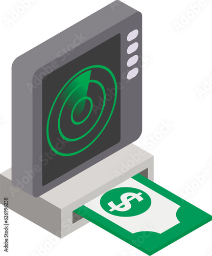 Military radar icon isometric vector. Big green radar screen and dollar banknote. Radiolocation equipment photo