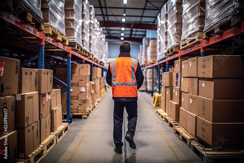 Employee walks to inspect the quality of parcels in the warehouse.Generative Ai.