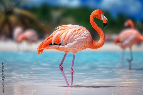 Beautiful flamingos on the sandy beach.Generative Ai.