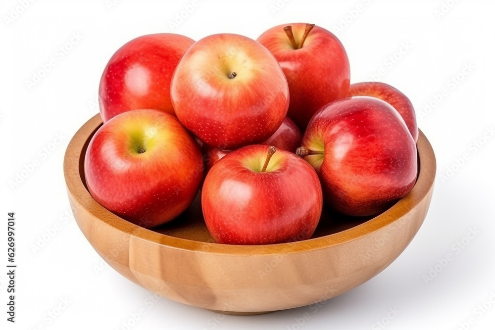 Fresh apples on wooden bowl on white background.Generative Ai. Fresh apples on wooden bowl on white background.Generative Ai.