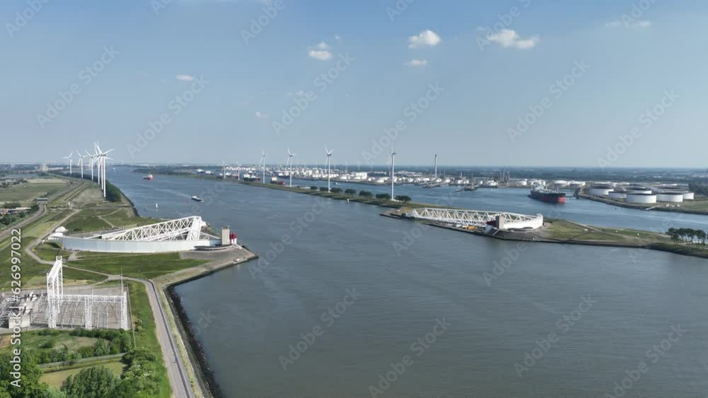 The Maeslantkering is a storm surge barrier that was commissioned in 1997 on the border of Het Scheur and the Nieuwe Waterweg near Hoek van Holland. The Maeslantkering is a storm surge barrier that was commissioned in 1997 on the border of Het Scheur and the Nieuwe Waterweg near Hoek van Holland.