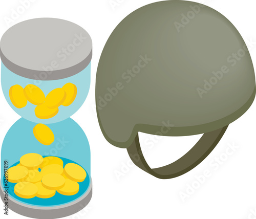 Military uniform icon isometric vector. Military helmet and hourglass with coin. Military concept, uniform