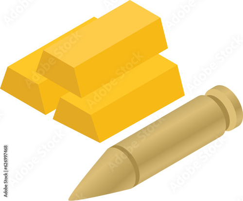 War income icon isometric vector. Large weapon bullet near three golden bars. Military concept, finance