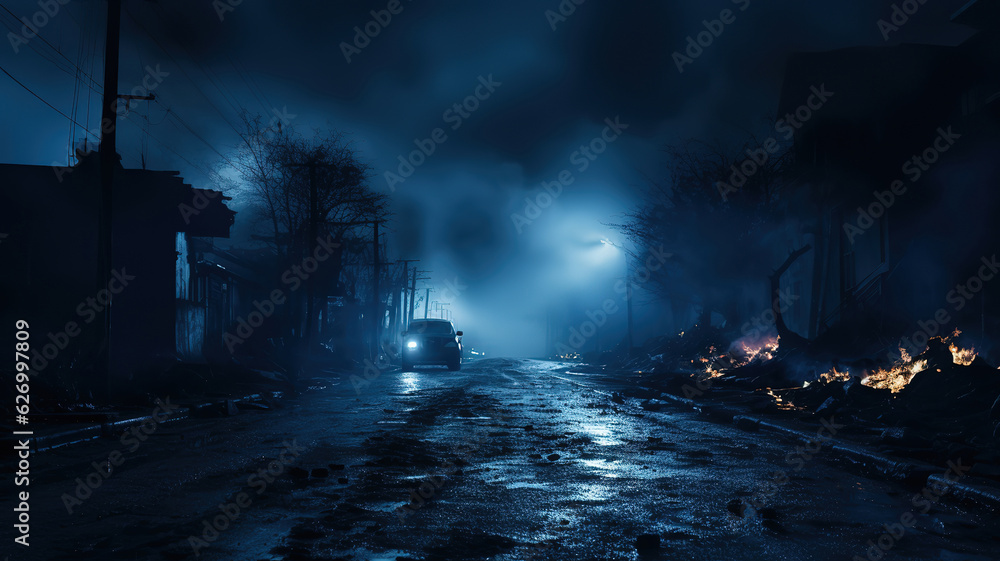 Fototapeta premium Abstract background with mystic blue smoke over old asphalt. Generative Ai