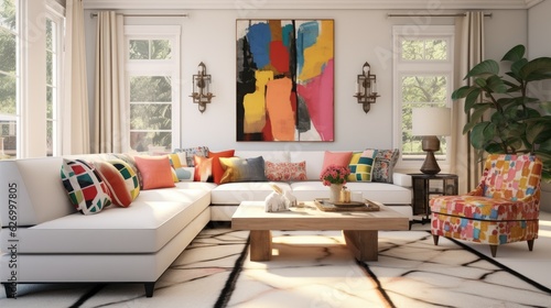 Colorful living room interior. Generative AI © kardaska