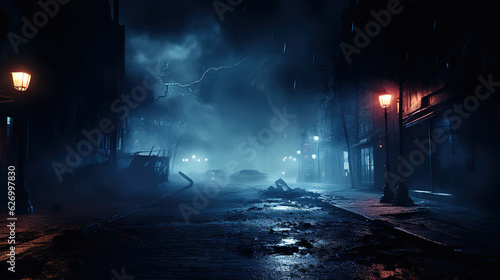 Empty dark city street with horror atmosphere, Night scene with fog without people. Generative Ai
