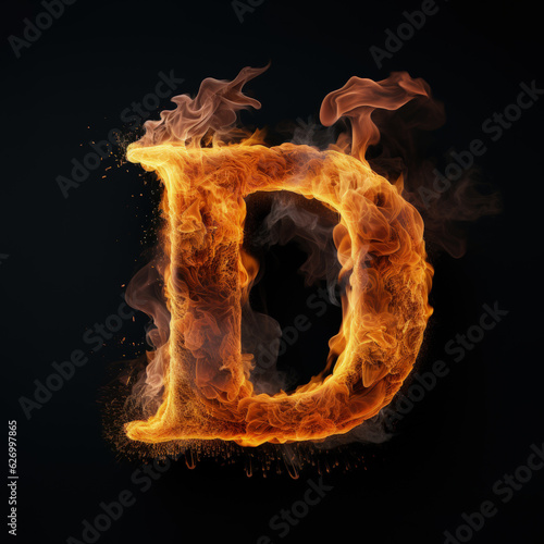 Capital letter D consisting of a flame. Burning letter D. Letter of fire flames alphabet on black background.