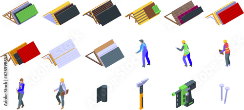 Roofer icons set isometric vector. Roof repair. Home work