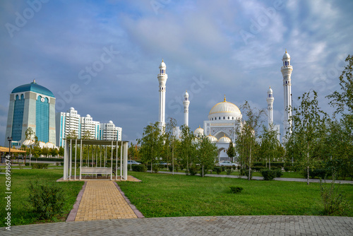 Park in front of the mosque on an autumn Shawl day. Chechen Republic, Russia