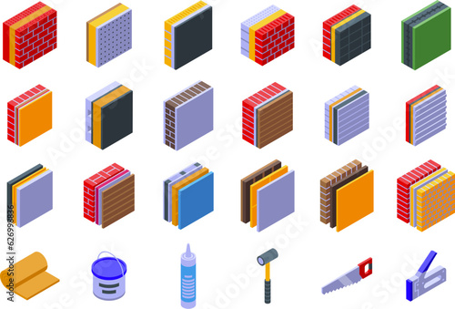 Building insulation icons set isometric vector. Rool wool. Home wall