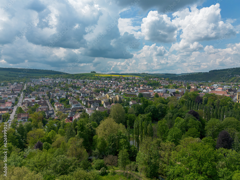 Bad Mergentheim and the surrounding area taken from above by drone in summer Bad Mergentheim and the surrounding area taken from above by drone in summer