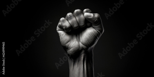 Chiaroscuro black - and - white image of a clenched fist held high, symbolizing resistance and strength, reminiscent of film noir