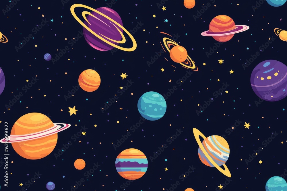 Seamless pattern with cartoon planets and stars. Generative AI Seamless pattern with cartoon planets and stars. Generative AI