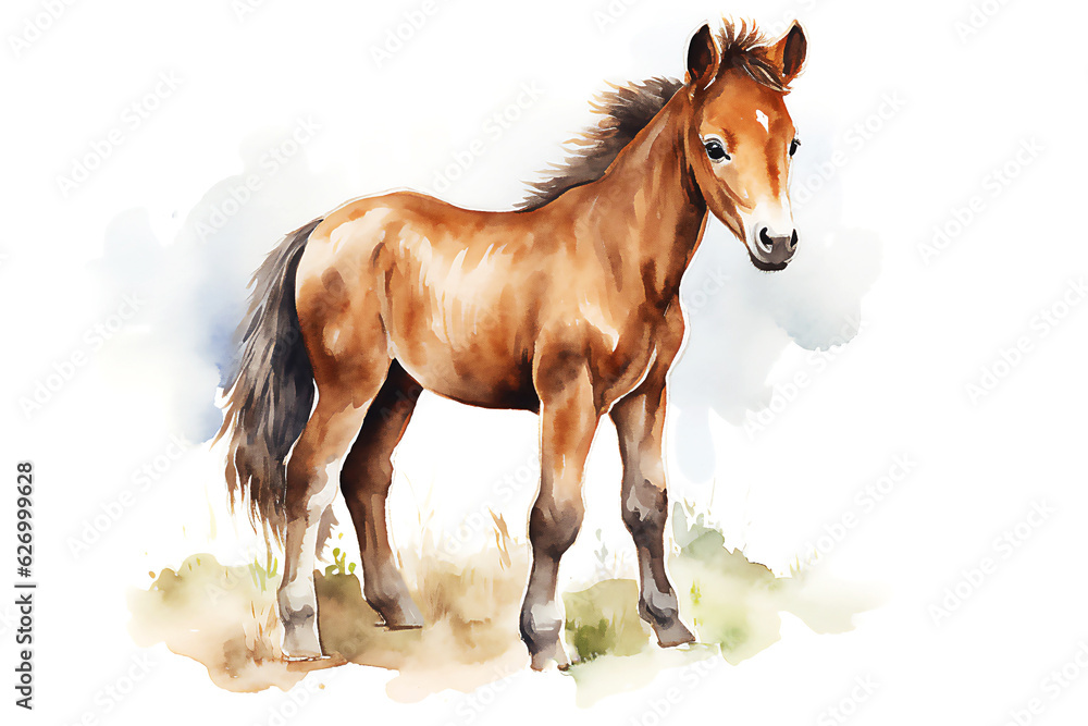 Cute horse, farm cartoon animals. Post processed AI generated image.