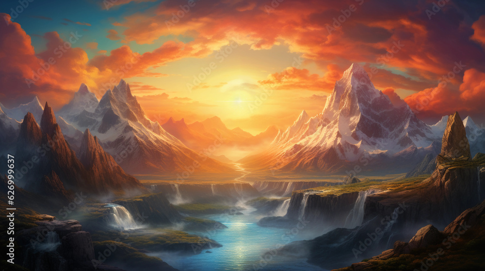 Social justice issues represented as a surreal landscape, mountains as obstacles, a rising sun symbolizing hope, dramatic lighting, vibrant colors, painterly effect