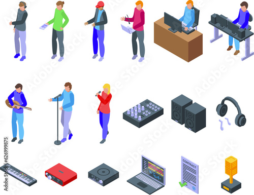Music producer icons set isometric vector. Podcast laptop. Work analog