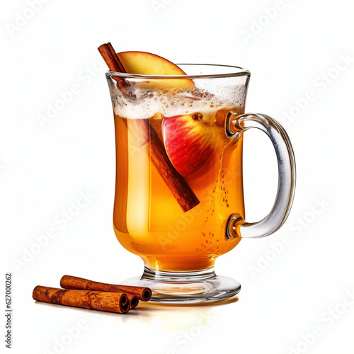 Foto glass mug of apple cider with cinnamon isolated on white