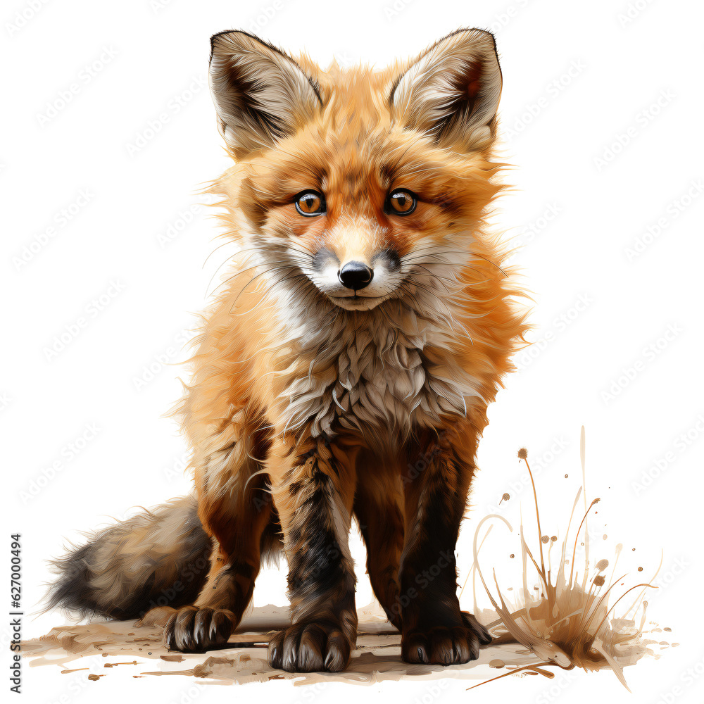 cute little fox full body watercolor painting design isolated against transparent background