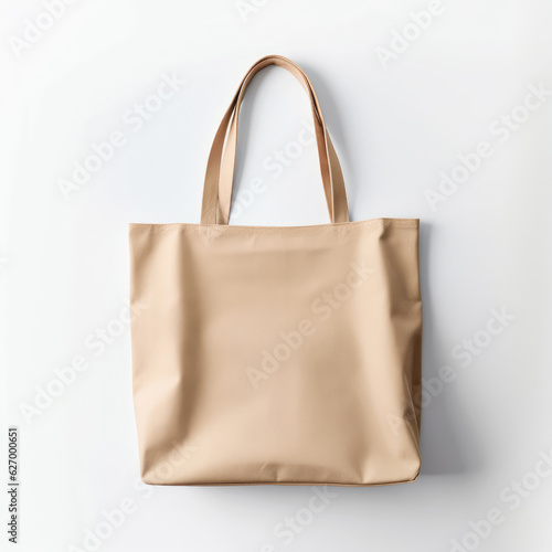 Empty beige tote bag isolated on white background