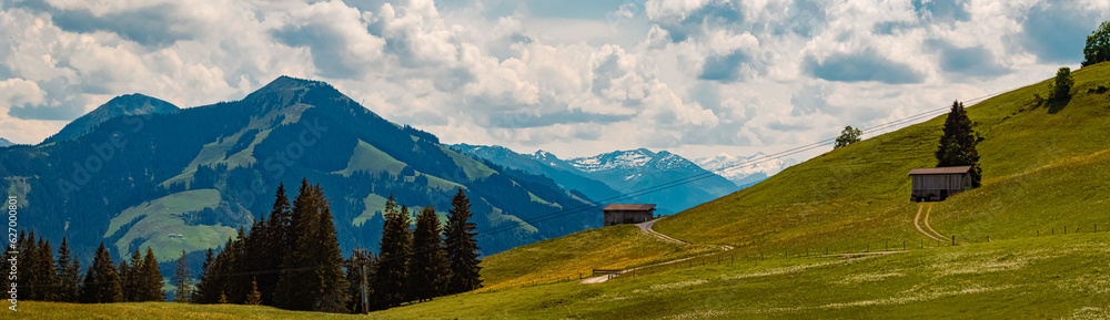 High resolution stitched alpine summer panorama at Mount Hochbrixen, Brixen im Thale, Kitzbuehel, Tyrol, Austria