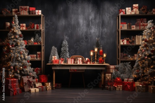 christmas interior with fir tree  gifts  table and shelves on dark background. Generative AI