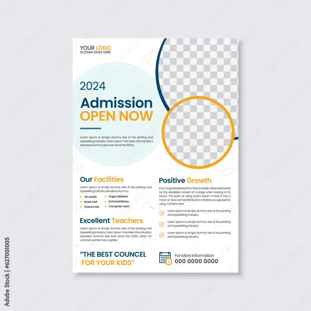 School admission flyer design template, back to school, education, pre school, promotion marketing poster, flier, leaflet, handout design, creative and modern editable layout with abstract shapes