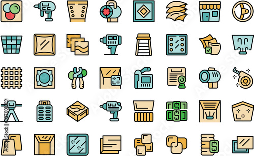 Stretch ceiling icons set outline vector. Energy house. Decorative device thin line color flat on white