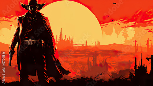 Bold Graphic Gunslinger Personified: A dynamic illustration blending bold graphics to capture the essence of a gunslinger.