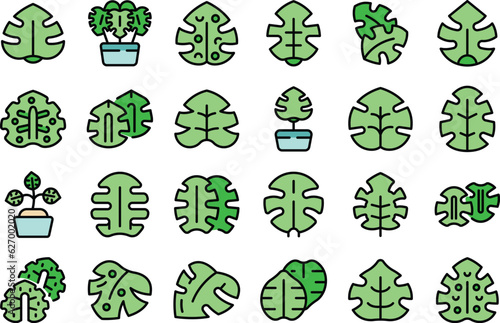 Monstera icons set outline vector. Palm leaf. Exotic tree thin line color flat on white