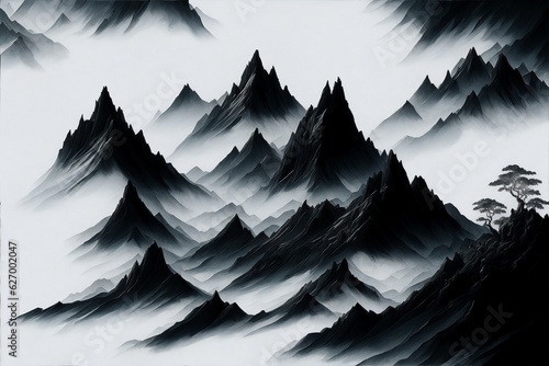 A majestic mountain range, painted in the traditional Chinese ink and water style, with a misty fog rolling in from the horizon. © Arnob's World