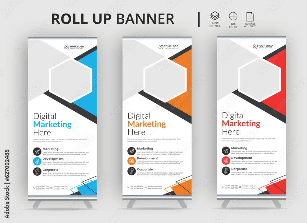 Obraz premium Roll up business template layout brochure leaflet vector,Roll up banner design template vector, abstract background, Roll up banner vector template