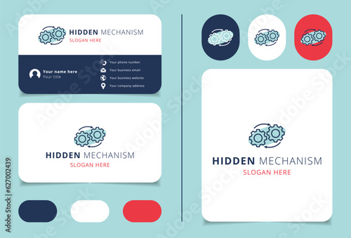 Hidden mechanism logo design with editable slogan. Branding book and business card template.