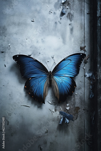 shiny blue butterfly on a old concrete wall. peeling old paint. transformation concept art.