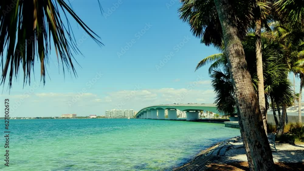 Causeway and waterfront cityscape of Sarasota in sunny day Causeway and waterfront cityscape of Sarasota in sunny day