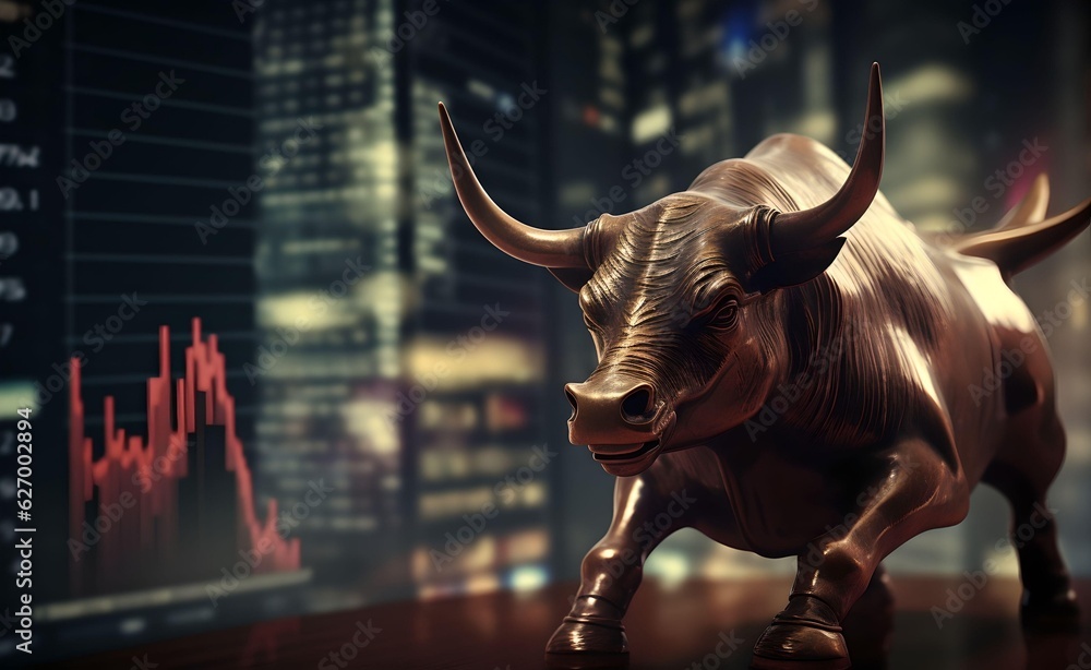 Bull market trading up trend of graph green background rising price. Bitcoin and Stock Exchange. Generative AI. Bull market trading up trend of graph green background rising price. Bitcoin and Stock Exchange. Generative AI.